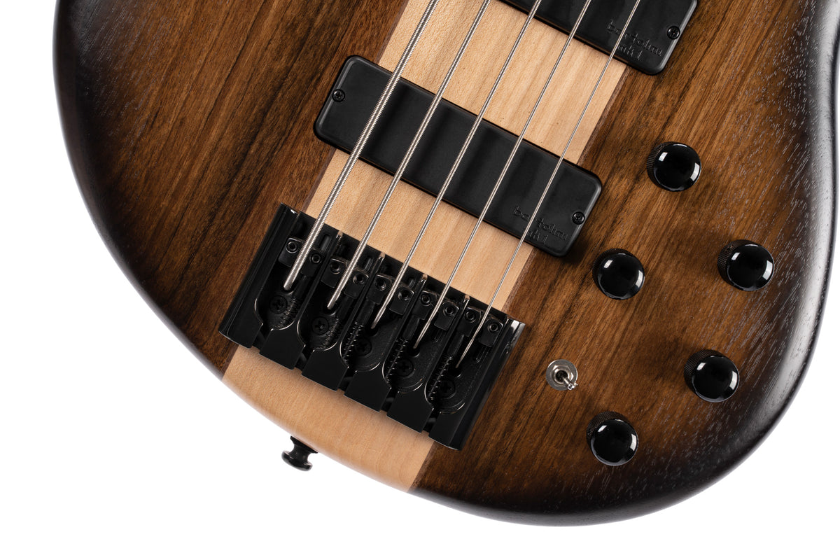 C5 Plus OVMH, corps acajou avec table ovangkol/érable, micros Bartolini MK-1 et préampli Markbass, brun antique dégradé