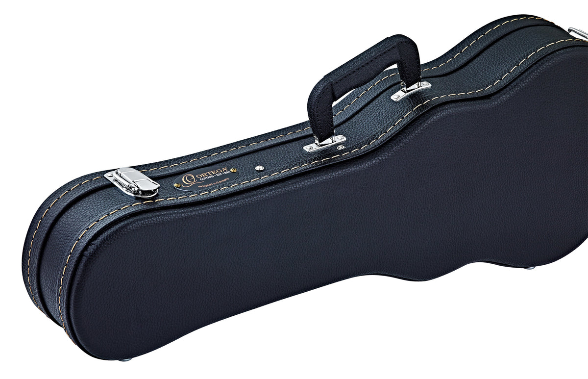 Etui bois pour ukulélé Soprano, avec surpiqures et logo, noir