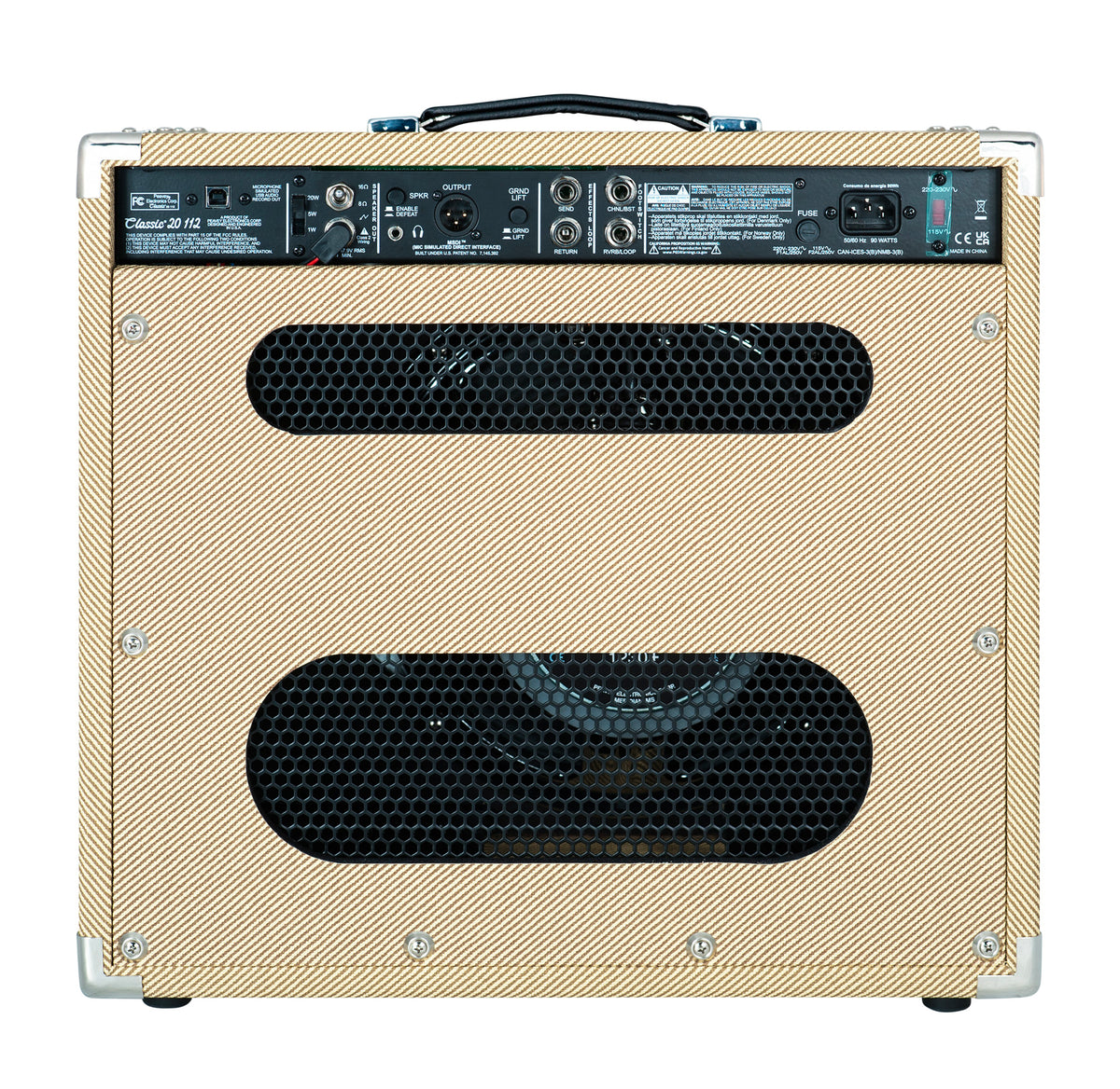 Ampli à lampes 20W, HP 1x 12", 2 canaux, EQ 3 bandes, Reverb intégrée, pédalier inclus, sortie DI, sortie casque, finition tweed