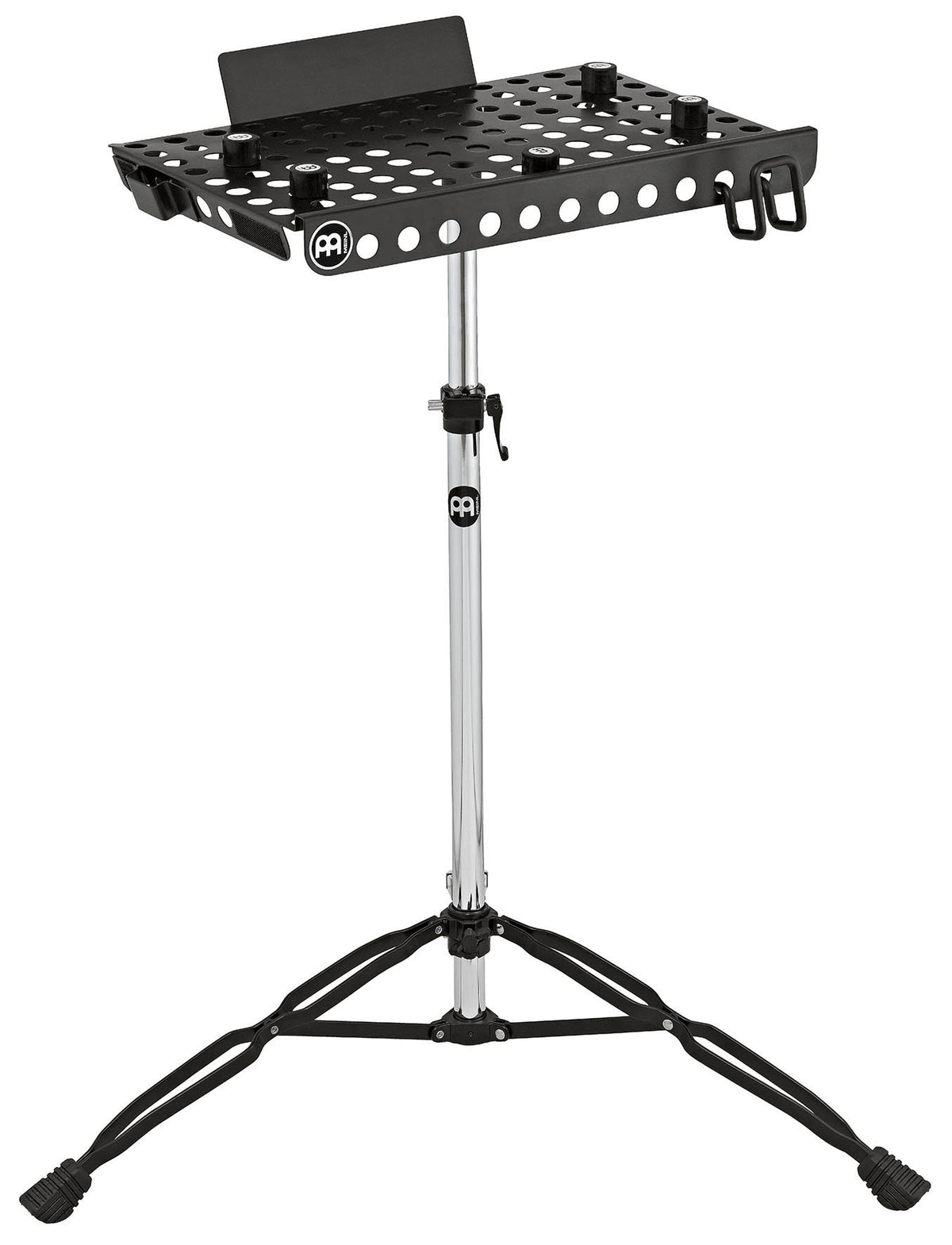 Table ordinateur jusqu'à 17", plateau perforé avec sangle et butées, trépied double embase, hauteur réglable (76 à 119cm), noir