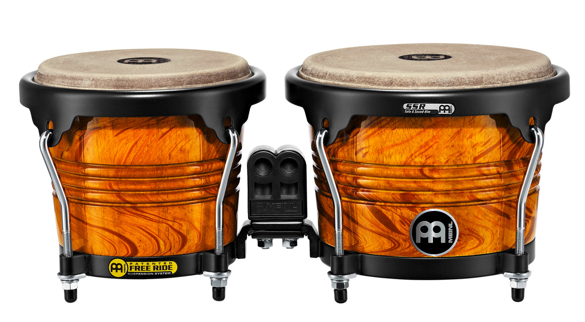 Paire bongos 6"3/4 & 8", hévéa, peaux buffle, suspension Free Ride, crochets 8mm, cercles 2mm, accast. noir, Amber Flame brill