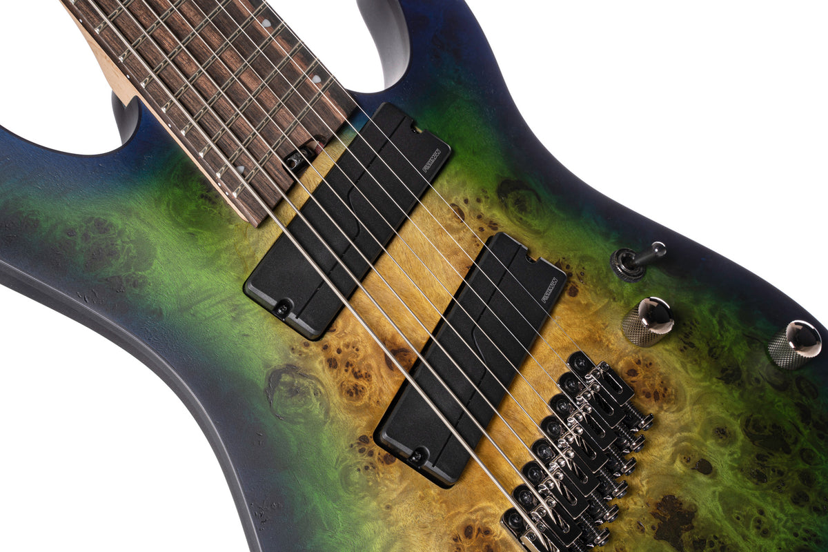 KX508MS2, 8 cordes, corps okoumé, table peuplier figuré, frettes en éventail, touche ébène, micros Fishman, mariana blue burst
