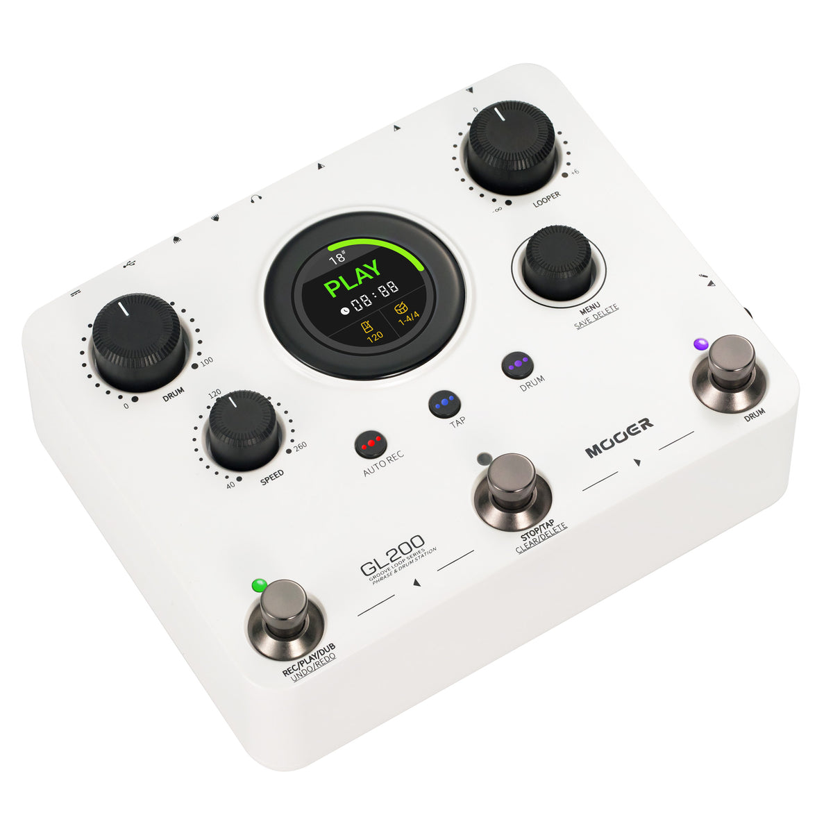 Pédale Mooer GL200, looper stéréo et boîte à rythmes, jusqu'à 300 minutes d'enregistrement, entrée combo XLR/Jack, MIDI, blanc