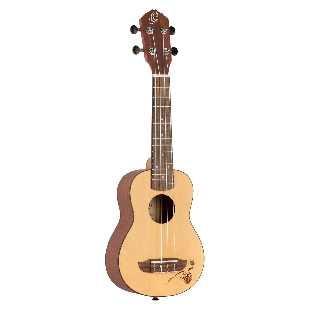 RU5SO, modèle Soprano, table épicéa avec motif, fond & éclisses sapele, manche acajou, naturel satiné