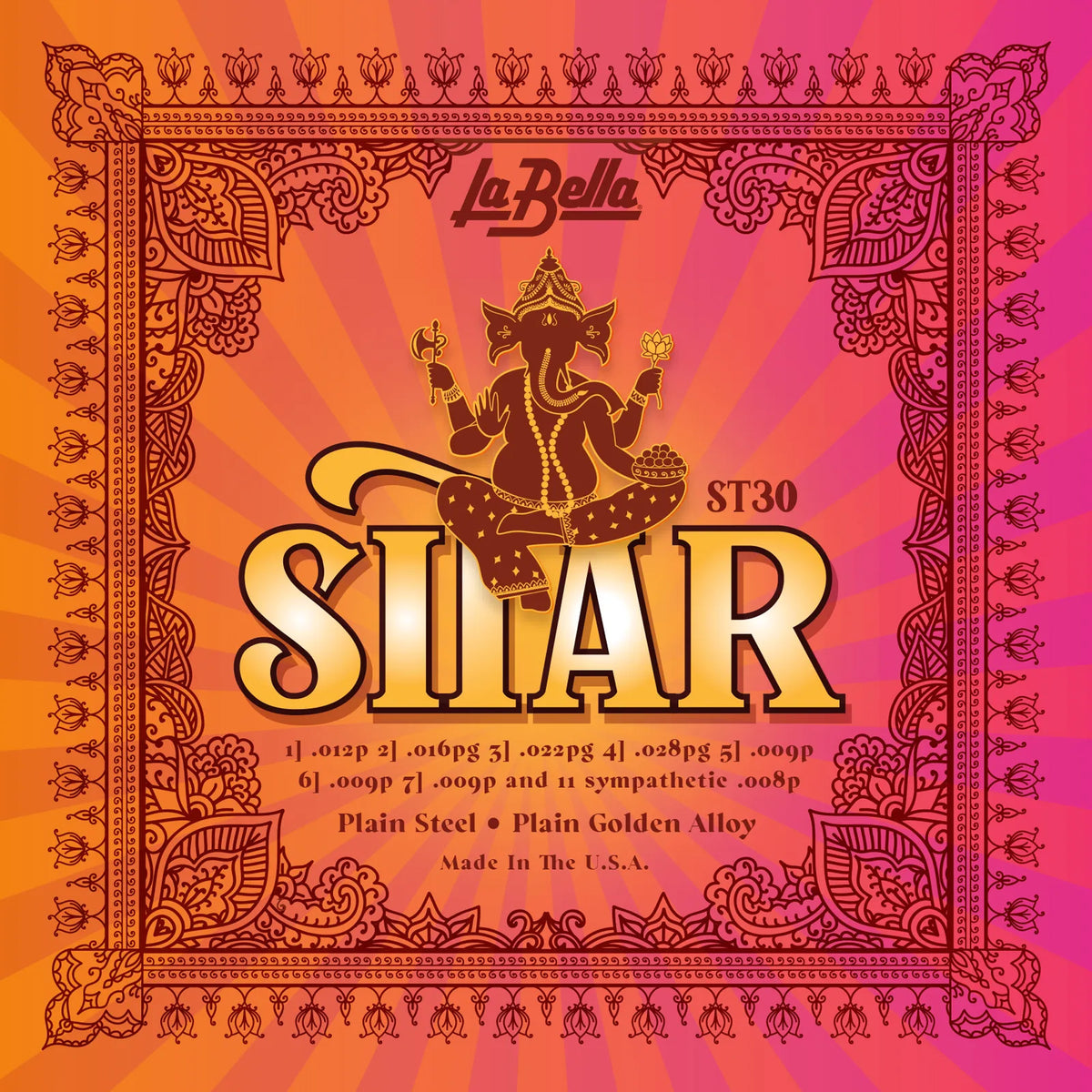 Jeu pour sitar, acier plein & alliage doré plein, 7 cordes jouées et 11 cordes sympathiques (12p-16pg-22pg-28pg-09px3-08px11)