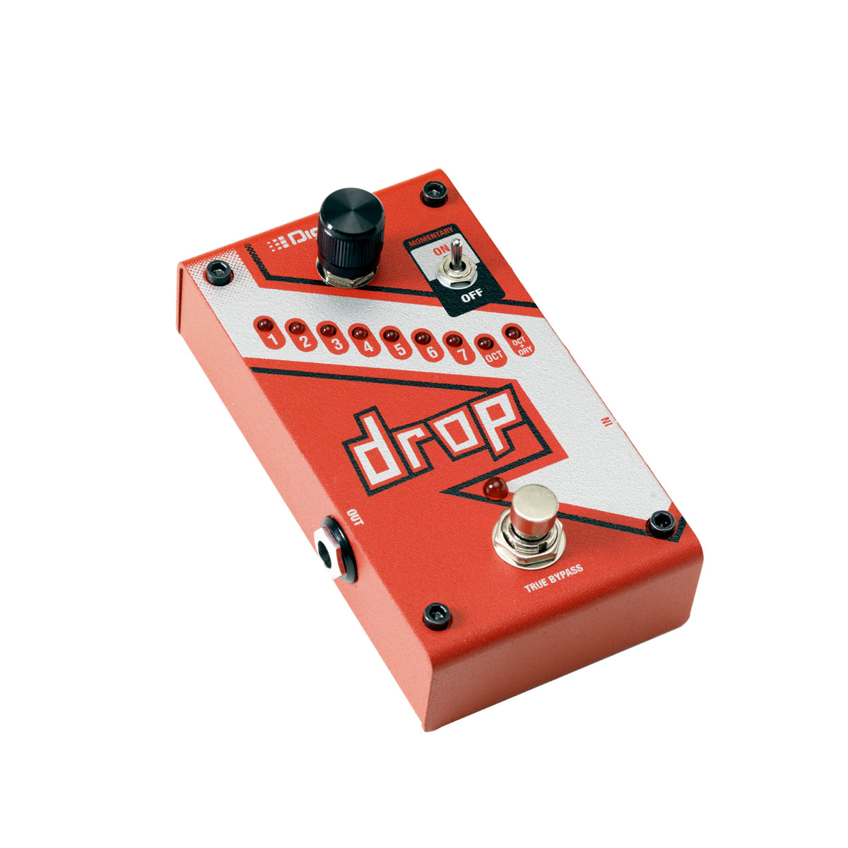 Pédale DROP, drop tune polyphonique pour guitare et basse, permet de baisser l'accord d'un demi-ton à une octave complète, rouge