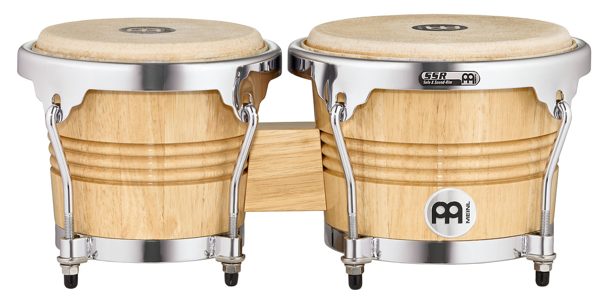 Paire de bongos 6"3/4 & 8", hévéa, peau de buffle, crochets 8mm, cercle arrondis SSR 2mm, accast. chrome, naturel brillant