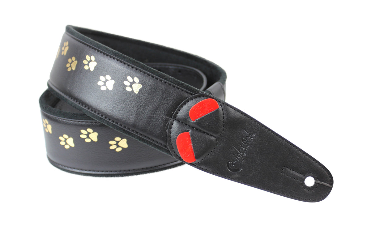 Courroie modèle CAT, extérieur synthétique, largeur 6 cm, longueur 100 à 145 cm, porte-médiators intégré, noir et doré