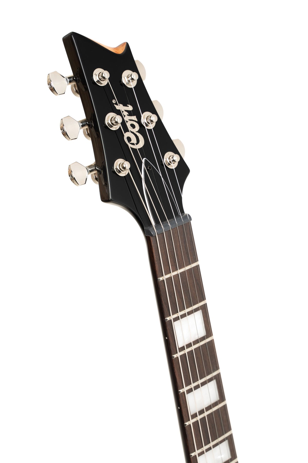 M600, corps acajou, placage érable flammé, manche collé acajou, 2 micros doubles Cort Voiced Tone VTH-59, trans black burst