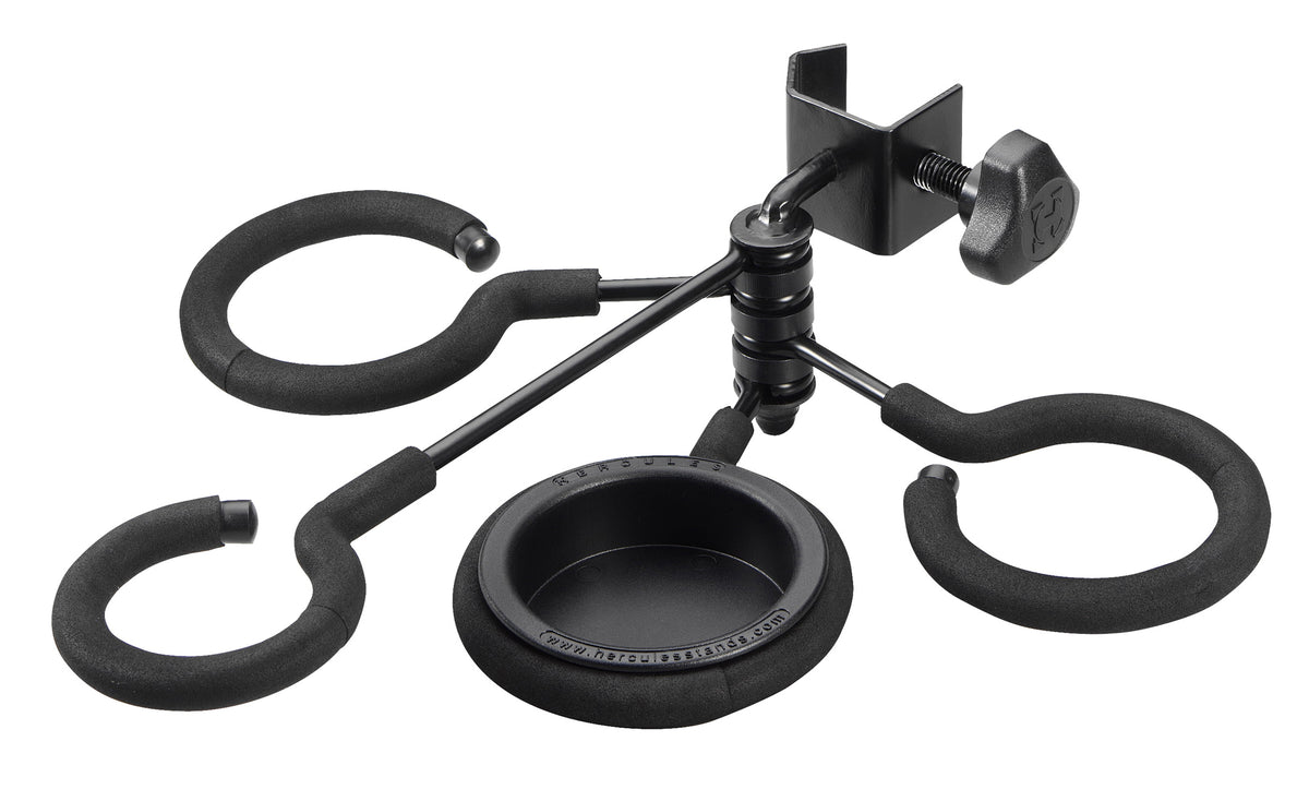 Support pour 4 sourdines (cornet, trompette, trombone et cor d'harmonie), se fixe sur pupitre ou pied de micro