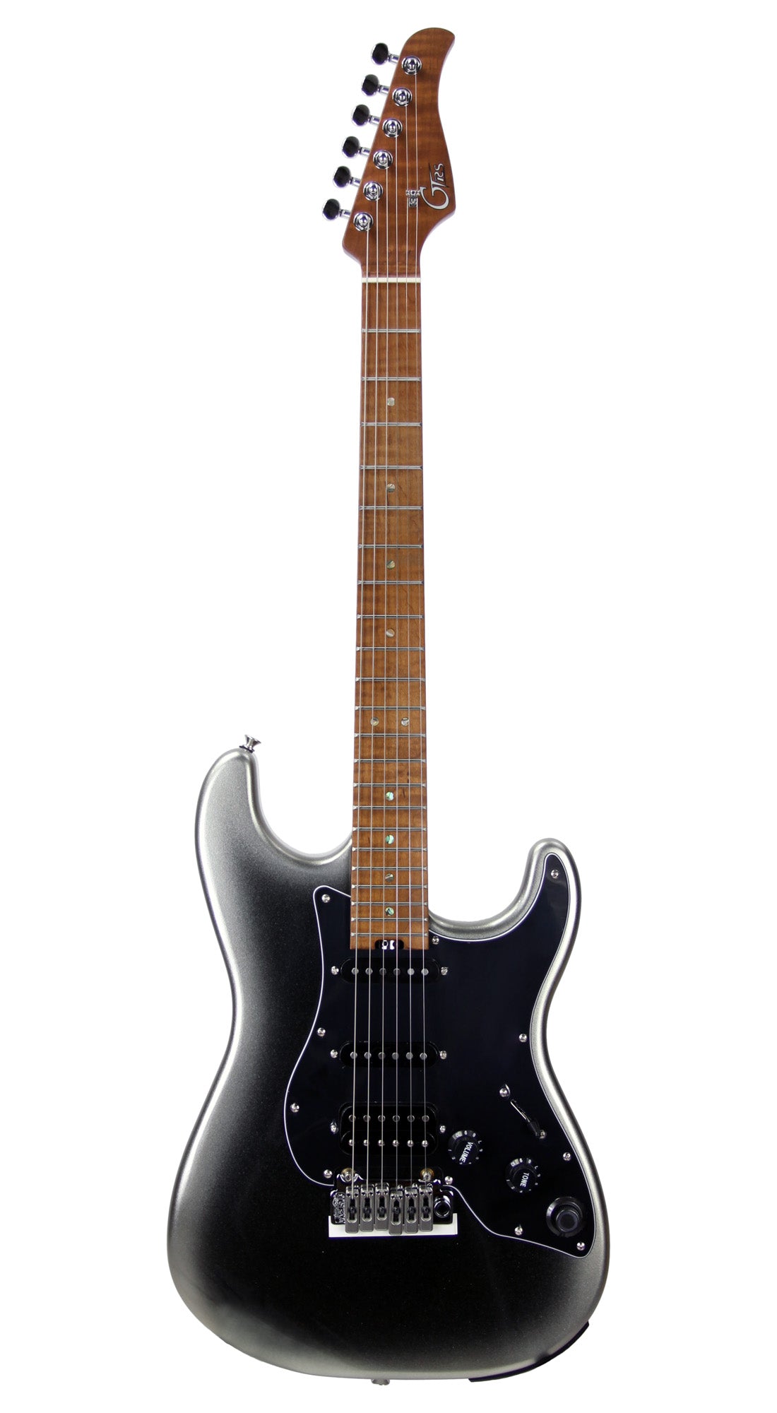 GTRS P801, corps aulne, manche érable flammé torréfié, touche érable, micros et processeur GTRS, dark silver