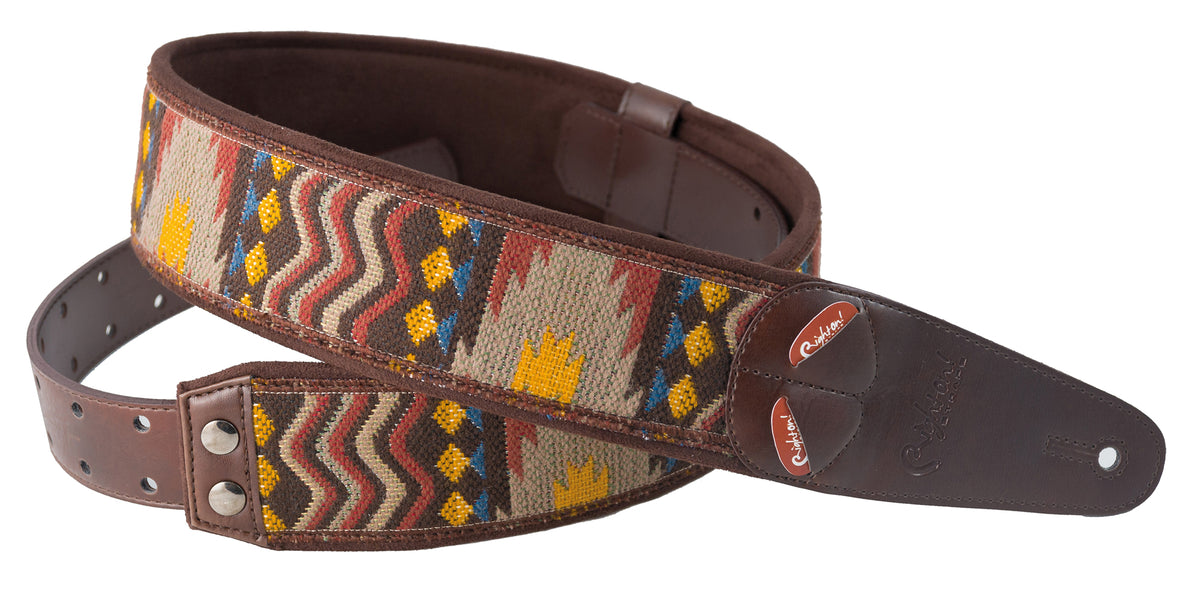 Courroie modèle AZTECA, extérieur tissu, largeur 6 cm, longueur 100 à 145 cm, porte-médiators intégré, unic