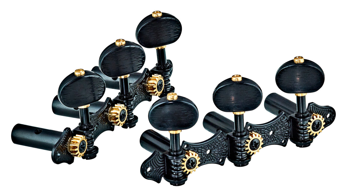 Jeu de mécaniques pour guitare classique série Deluxe, ratio 14:1, plaques noires, boutons noirs style ébène