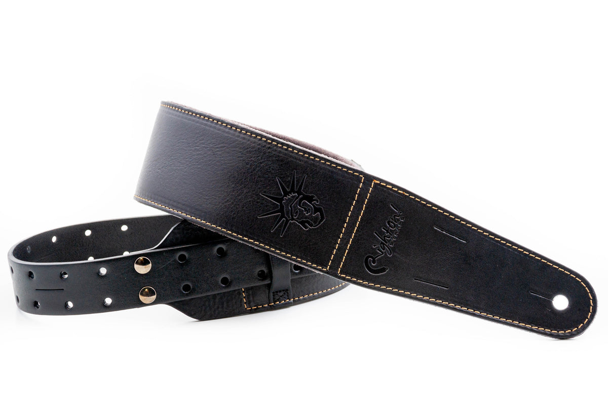 Courroie modèle BACKBEAT LIBERTY, extérieur cuir, largeur 6 cm, longueur 95 à 150 cm, porte-médiators intégré, noir