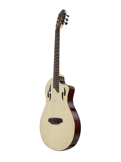 RTPFE-1, modèle TourPlayer, EQ Magus X, corps okoumé, table érable flammé, sillet 48 mm, housse, naturel brillant