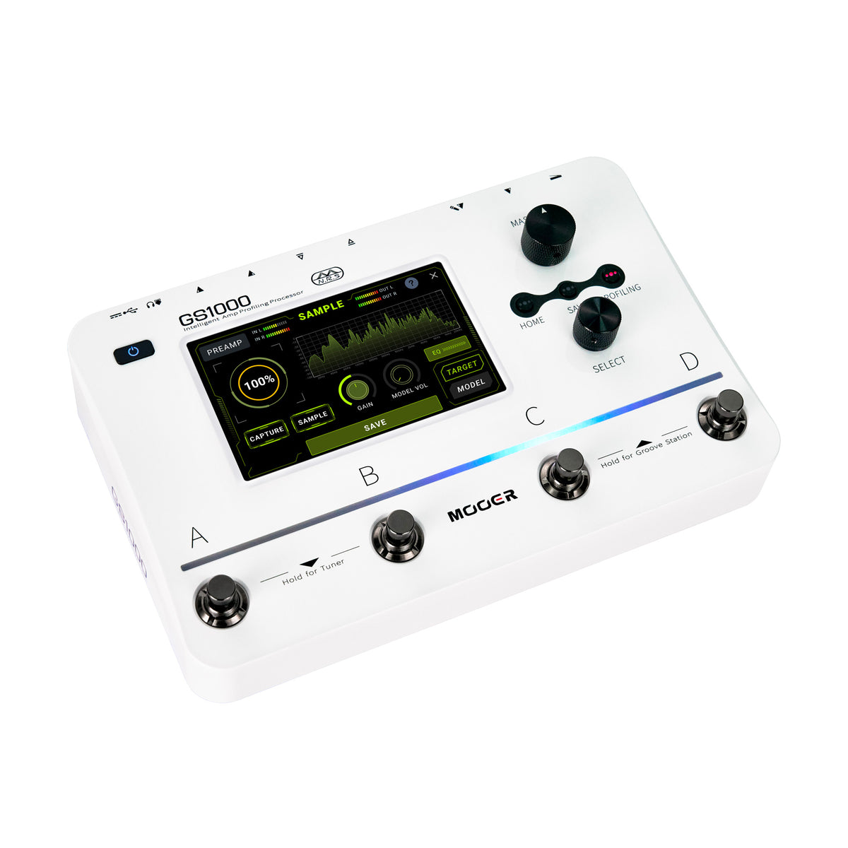 Pédalier multi-effets GS1000, processeur intelligent de profilage d'ampli, écran tactile 5", 350 effets, 120 emplacements, blanc
