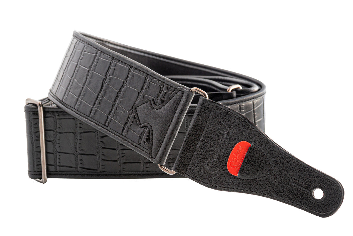 Courroie modèle ALLIGATOR, synthétique, largeur 6 cm, longueur 95 à 150 cm, porte-médiators intégré, noir