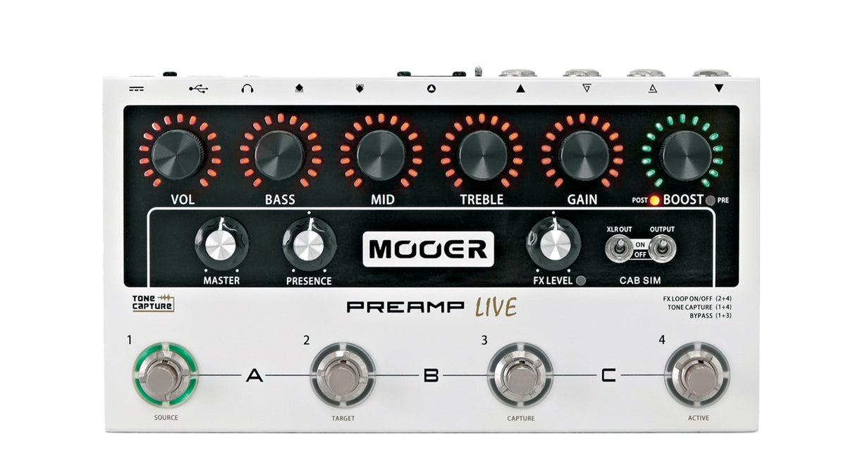 Pédalier préampli numérique PREAMP LIVE, 12 canaux préamplis indépendants (3 banques), 50 modèles d'amplificateur, blanc
