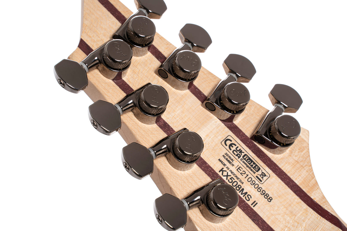 KX508MS2, 8 cordes, corps okoumé, table peuplier figuré, frettes en éventail, touche ébène, micros Fishman, mariana blue burst