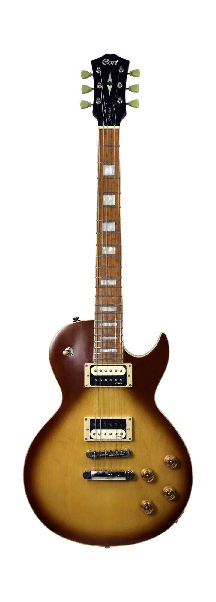 CR300, corps acajou, table érable, manche collé acajou, touche jatoba, 2 micros doubles EMG RetroActive, aged vintage burst