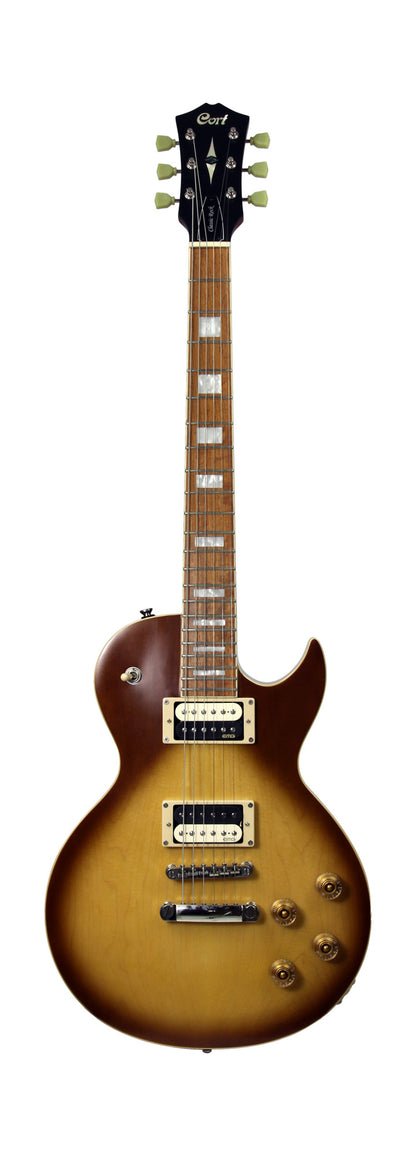 CR300, corps acajou, table érable, manche collé acajou, touche jatoba, 2 micros doubles EMG RetroActive, aged vintage burst