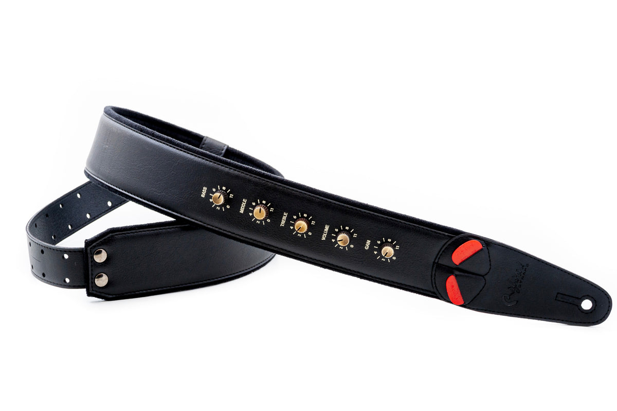 Courroie modèle SPINALTAP, extérieur synthétique, largeur 6 cm, longueur 100 à 145 cm, porte-médiators intégré, noir