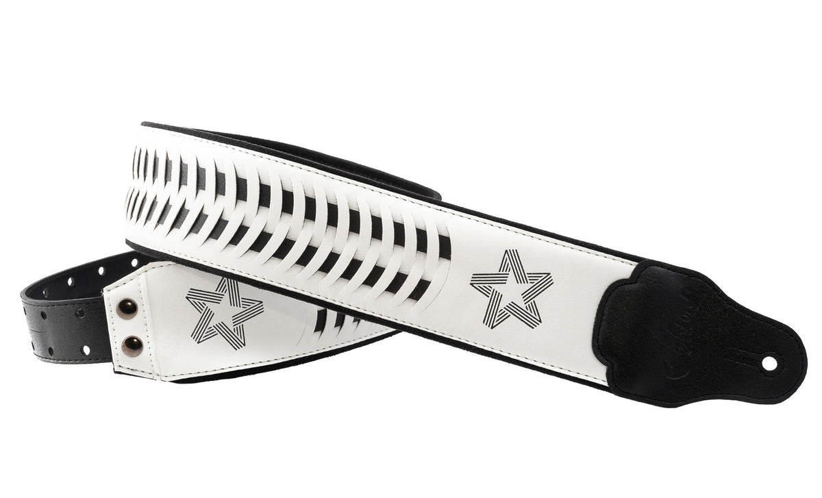 Courroie modèle PAUL TURNER SIGNATURE, extérieur synthétique, largeur 7 cm, longueur 95 à 150 cm, porte-médiators intégré, blanc