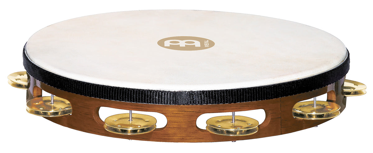 Tambourin bois avec peau de chèvre sélectionnée à la main, 1 rangée de cymbalettes laiton, African Brown