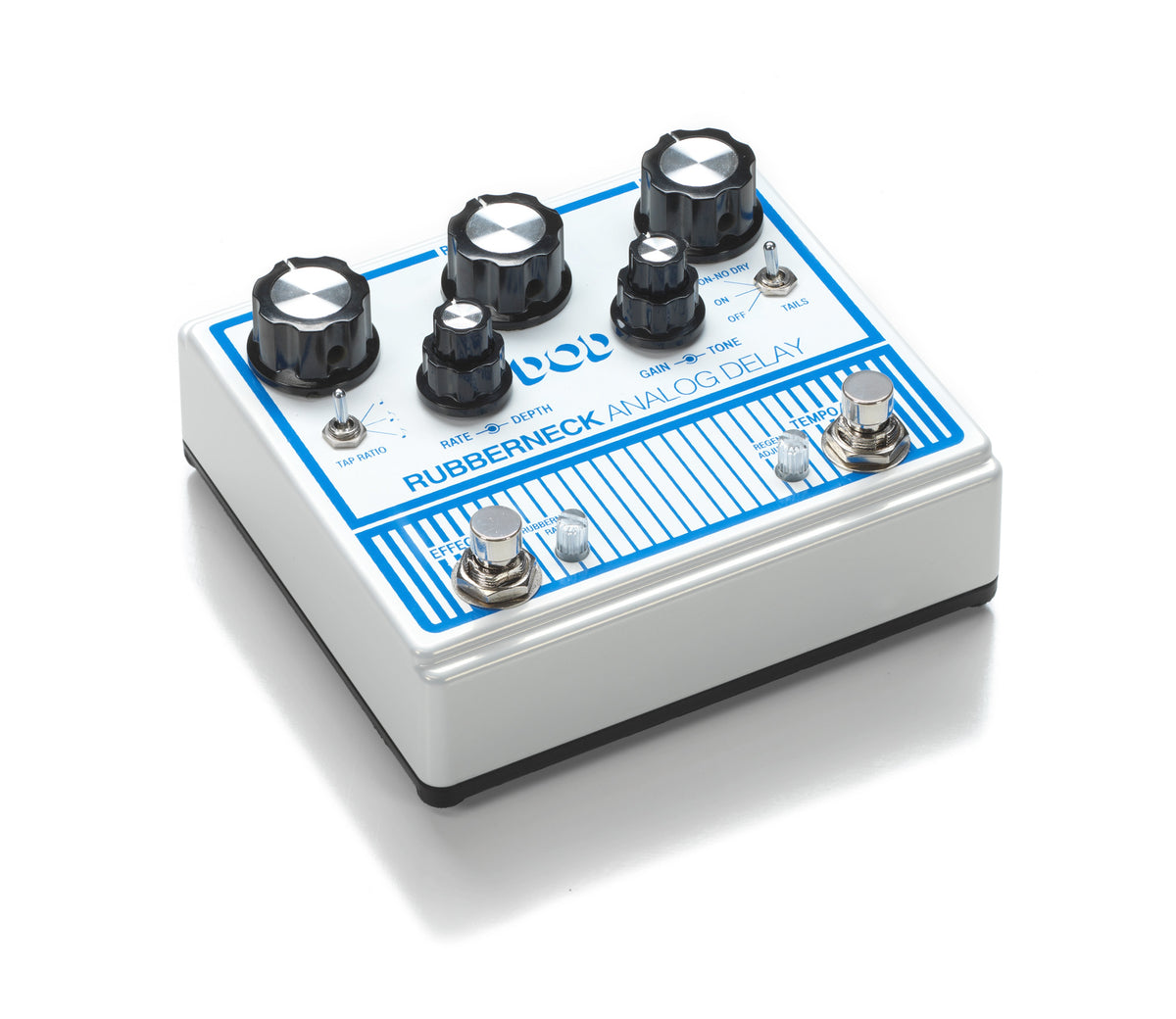 Pédale RUBBERNECK, délai analogique, jusqu'à 1500 ms de retard, fonction Tap Tempo, modulation du temps de délai, blanc et bleu