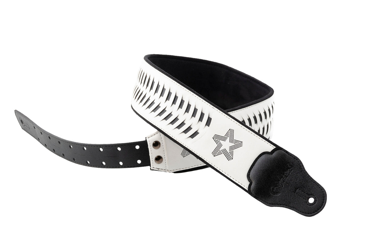 Courroie modèle PAUL TURNER SIGNATURE, extérieur synthétique, largeur 7 cm, longueur 95 à 150 cm, porte-médiators intégré, blanc