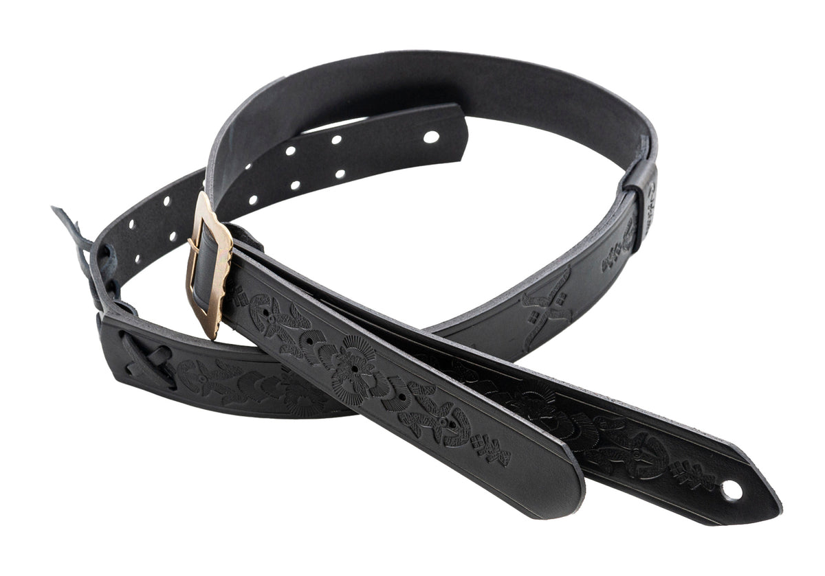 Courroie modèle LEGEND BM BOHEMIAN, cuir haute qualité, largeur 4 cm, longueur 96 à 145 cm, porte bottleneck intégré, noir