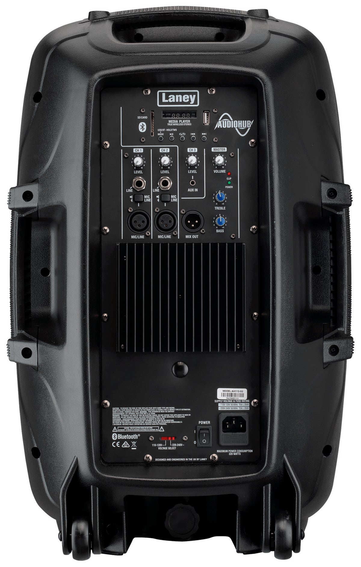 Enceinte polyvalente AH112-G2, 800W, HP 12" + compression 1", 3 canaux, lecteur média SD/USB/BLUETOOTH, 12 kg, noir