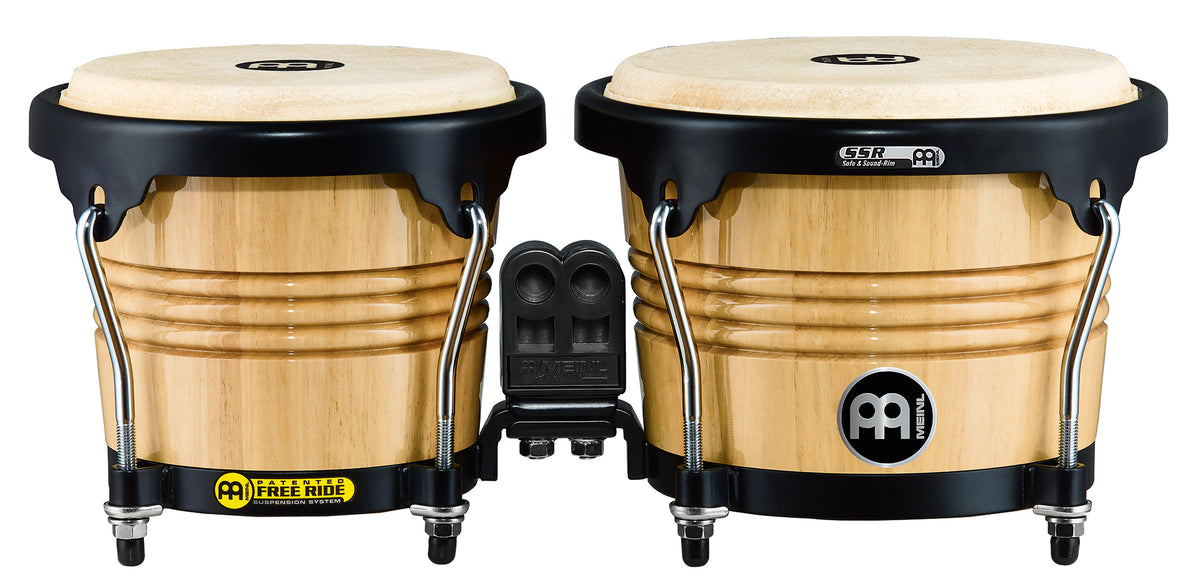 Paire bongos 6"3/4 & 8", hévéa, peaux buffle, suspension Free Ride, crochets 8 mm, cercles 2mm, accast. noir, naturel brillant