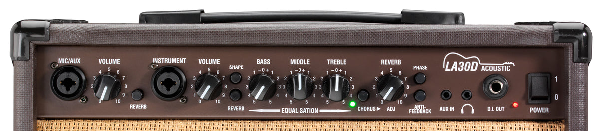 Ampli guitare acoustique 30W, 2x HP 6.5" double cône, 2 canaux, effets chorus et réverb, brun.
