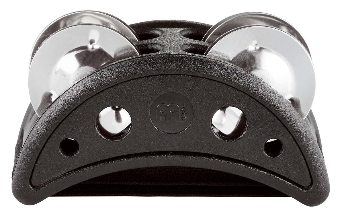 Tambourin pour pied compact, corps synthétique, cymbalettes inox, lanière élastique, mise en place facile, ergonomique, noir