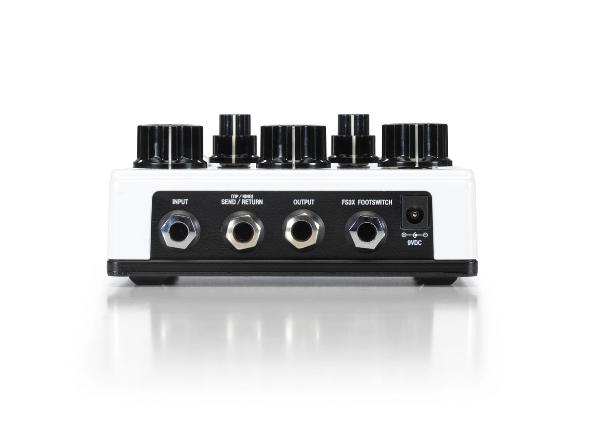 Pédale RUBBERNECK, délai analogique, jusqu'à 1500 ms de retard, fonction Tap Tempo, modulation du temps de délai, blanc et bleu