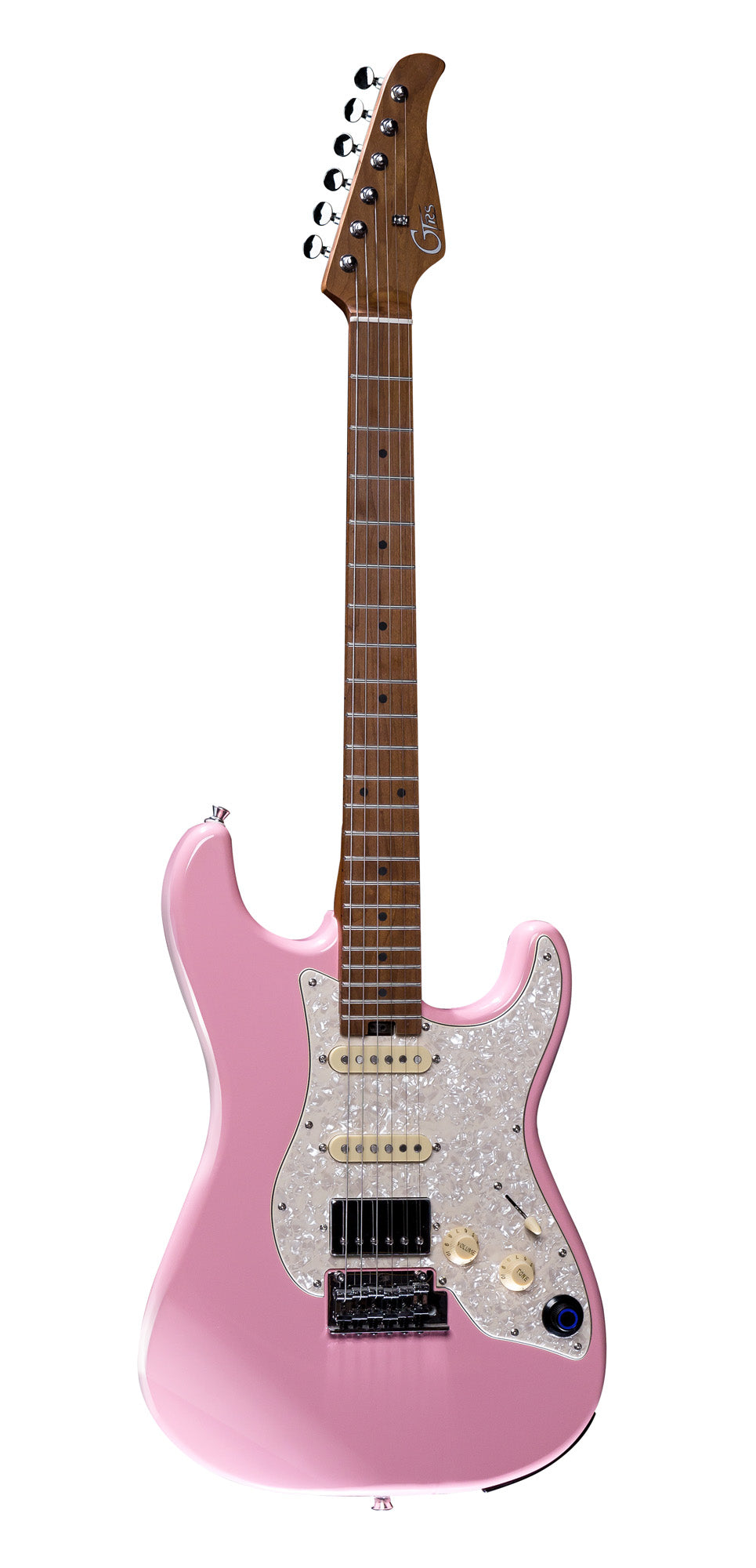 GTRS S801, corps tilleul, manche érable torréfié, touche érable, micros et processeur GTRS, shell pink