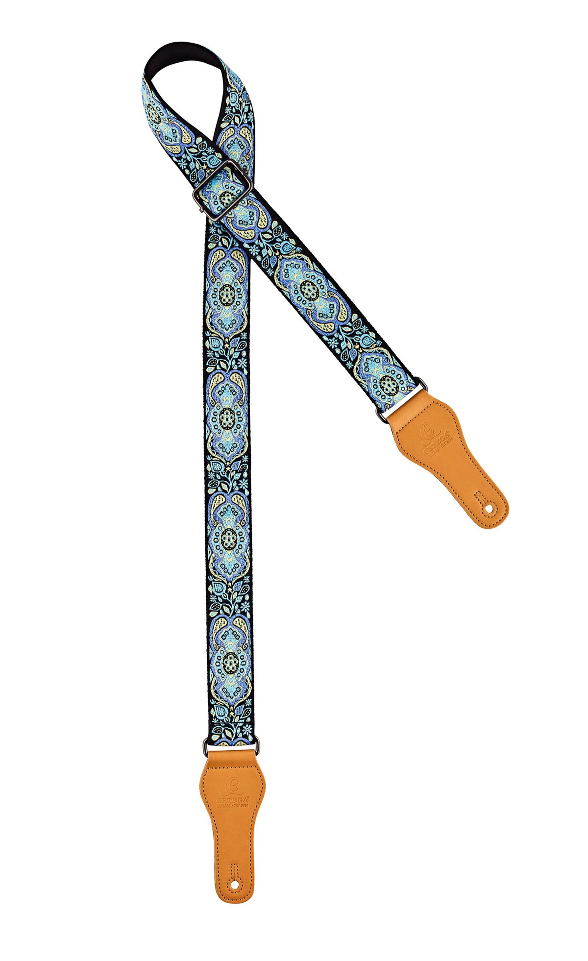 Courroie ukulélé, 100% coton, extrémités simili cuir, largeur 3.7 cm, longueur jusqu'à 139 cm, classic blue