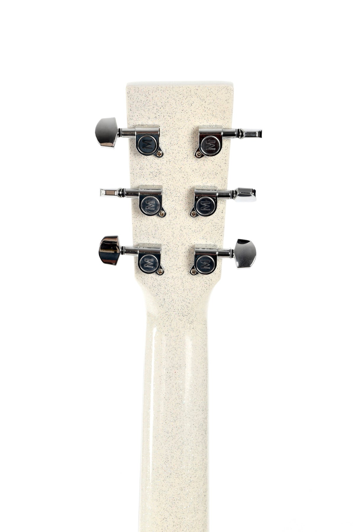 Modèle GM-1E, Grand OM, table épicéa massif, f/e acajou, touche micarta, EQ Fishman, blanc pailleté