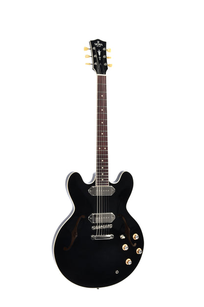 Modèle HBA-102P, Forme Semi-Hollow, table érable, f/e érable, touche palissandre, 2 micros P90 DogEar, noir brillant, soft case