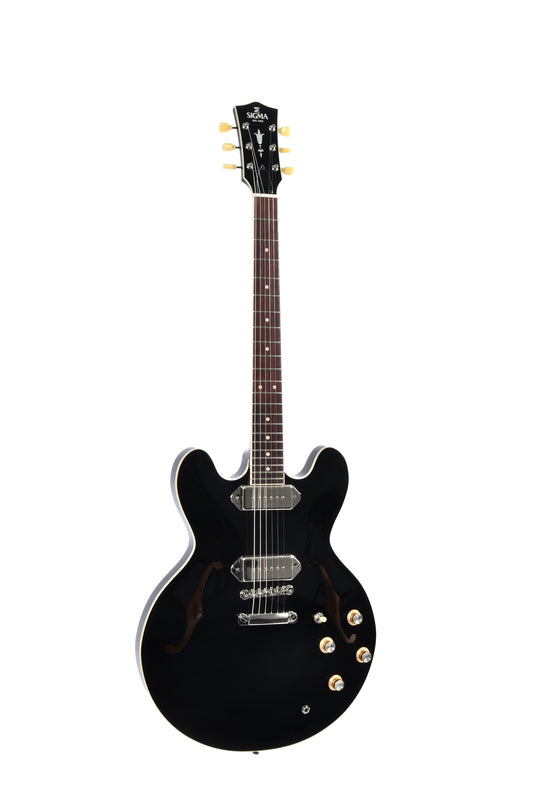 Modèle HBA-102P, Forme Semi-Hollow, table érable, f/e érable, touche palissandre, 2 micros P90 DogEar, noir brillant, soft case