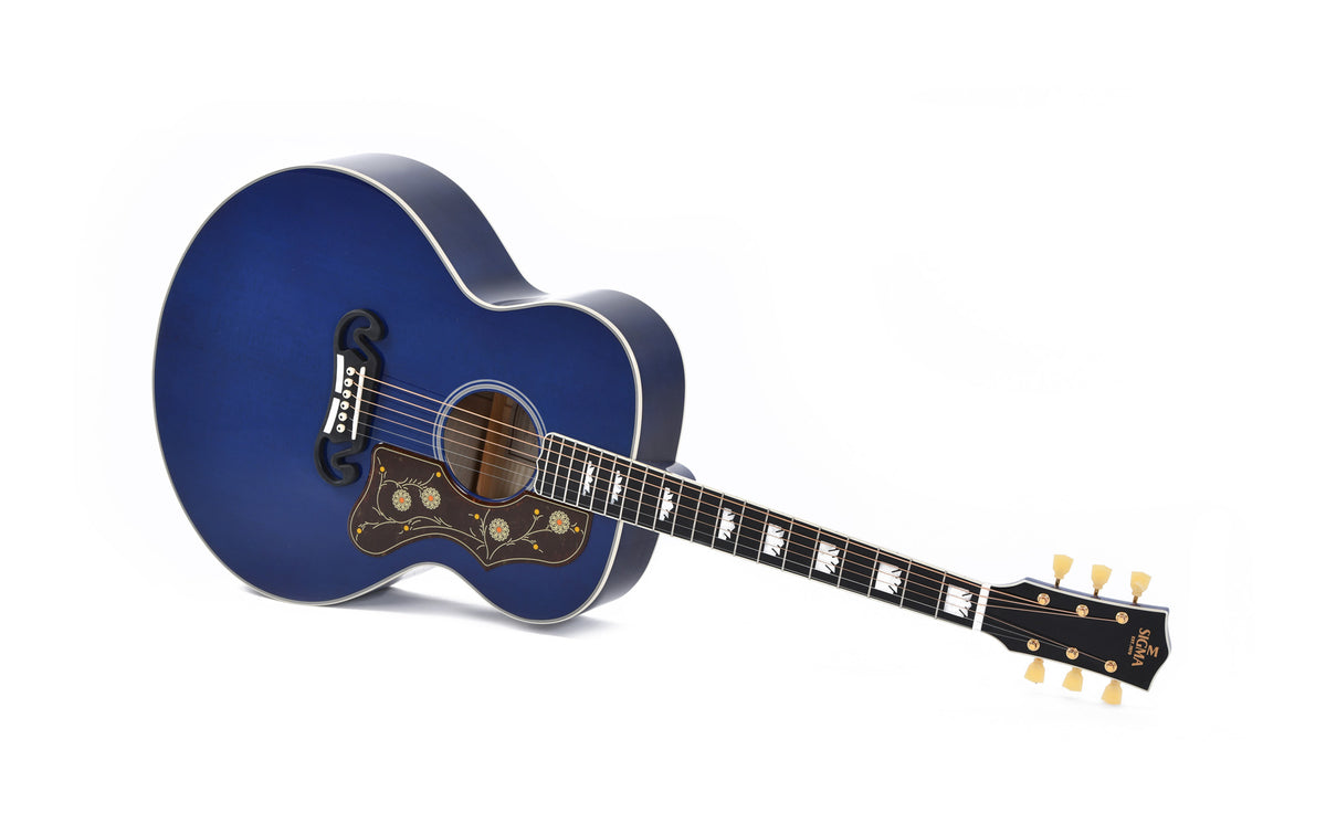 Modèle GJA-SG200-RBL, édition spéciale, Grand Jumbo, table épicéa massif, f/e érable flammé, EQ Fishman, soft case, bleu royal