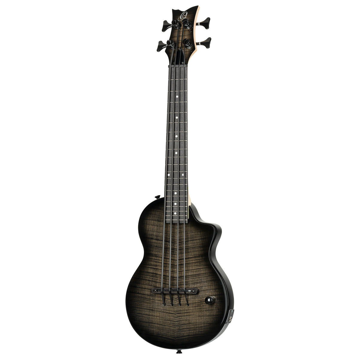 NEO-BS-TGB, modèle Ukebass, pan coupé, EQ MagusExpress, table érable flammé, corps okoumé, manche érable, housse, gris