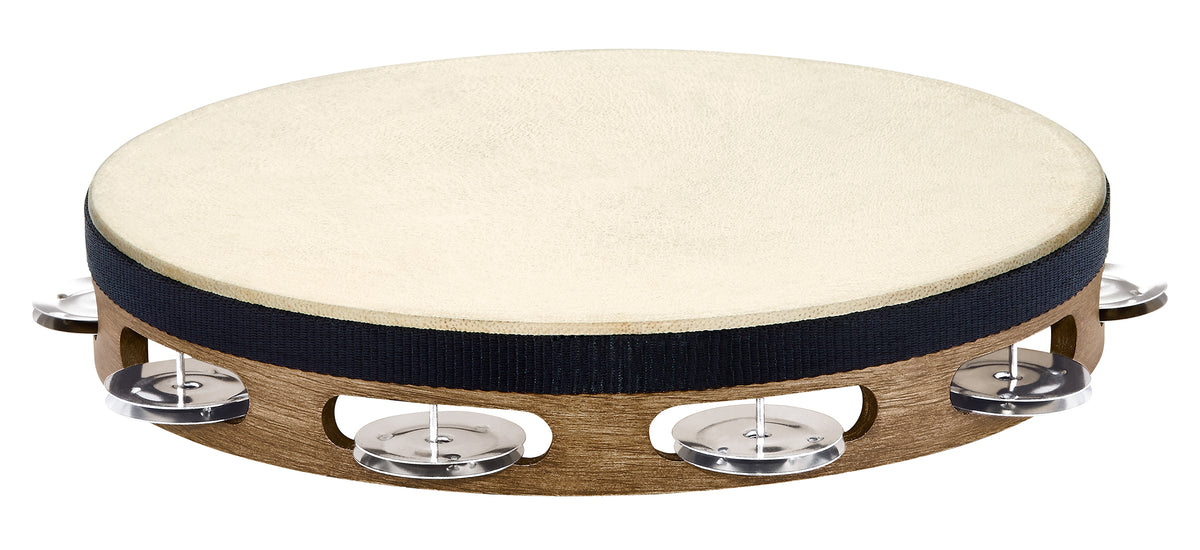 Tambourin bois avec peau de chèvre sélectionnée à la main, 1 rangée de cymbalettes acier inoxydable, Walnut Brown