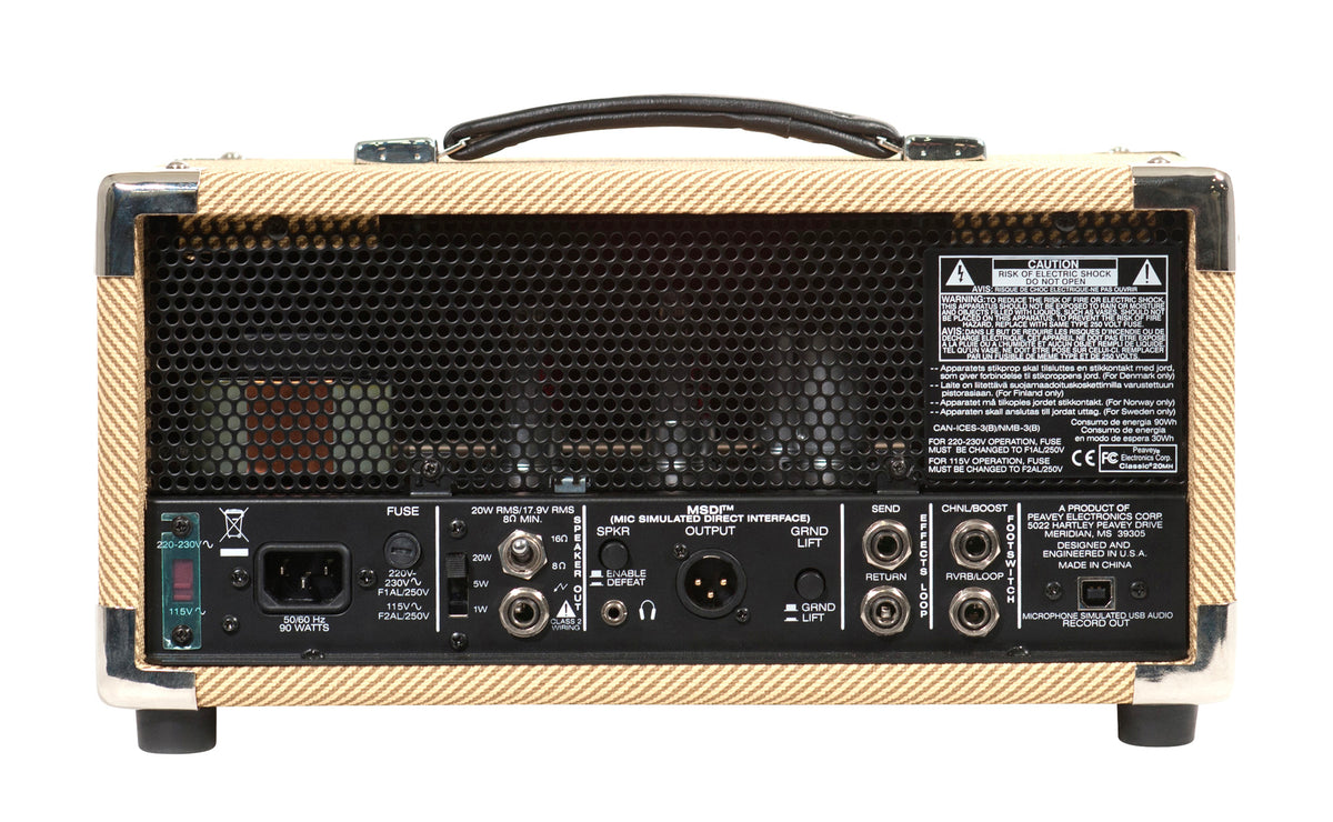 Tête amplifiée à lampes compact 20W, 2 canaux, EQ 3 bandes, Reverb, pédalier inclus, sortie DI, sortie casque, finition tweed