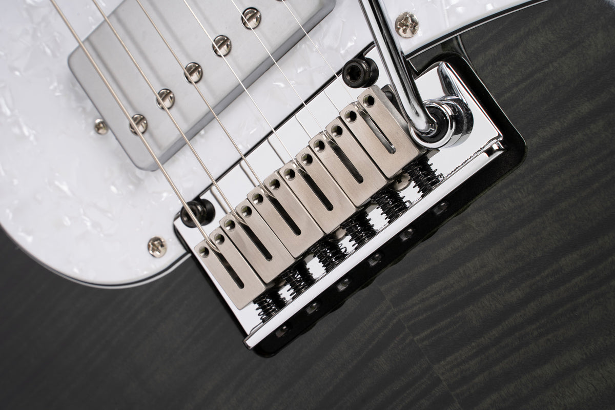 G280 SELECT, corps aulne, table érable flammé, touche palissandre, 2 micros simples et 1 double Voiced Tone, noir translucide