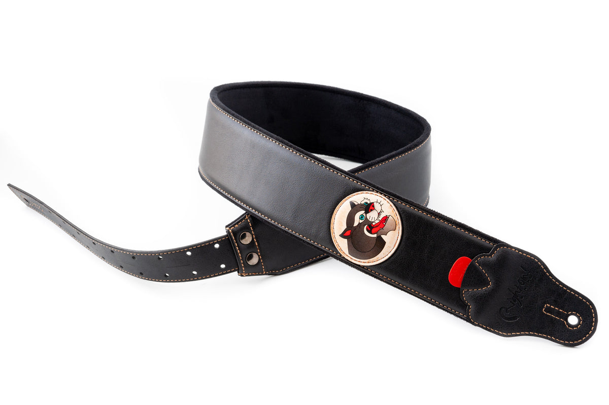 Courroie modèle TATOO PANTHER, extérieur synthétique, largeur 7 cm, longueur 98 à 153 cm, porte-médiators intégré, noir