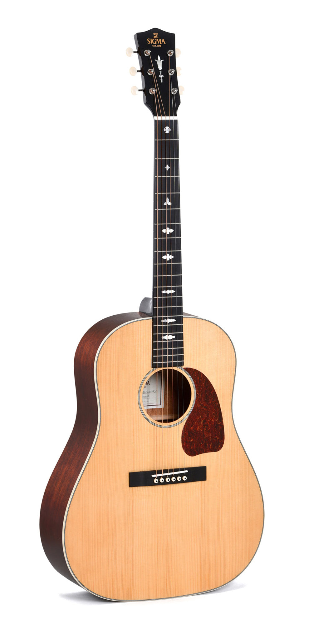 Modèle SJM-SG45-AN, édition spéciale, Dreadnought Slope Shoulder, table épicéa massif, f/e acajou massif, EQ LR Baggs, soft case