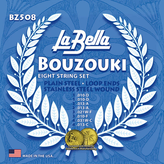Jeu pour bouzouki grec, acier plein et filé acier inoxydable, 8 cordes Standard (10/10-13/13-21w/10-31w/13)