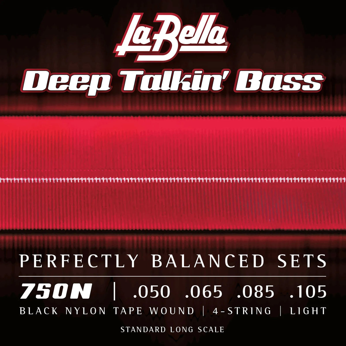 Jeu pour basse électrique BLACK NYLON TAPE, acier inoxydable, filé plat nylon noir, 4 cordes Light (50-65-85-105)